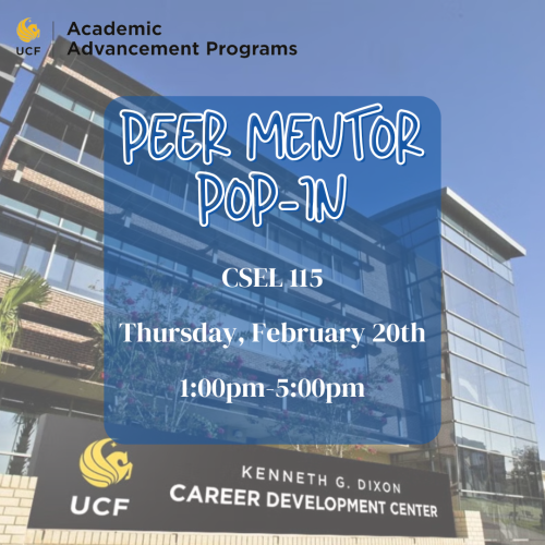 peer mentor pop-in on Thursday, February 20th from 1:00pm-5:00pm in CSEL 115