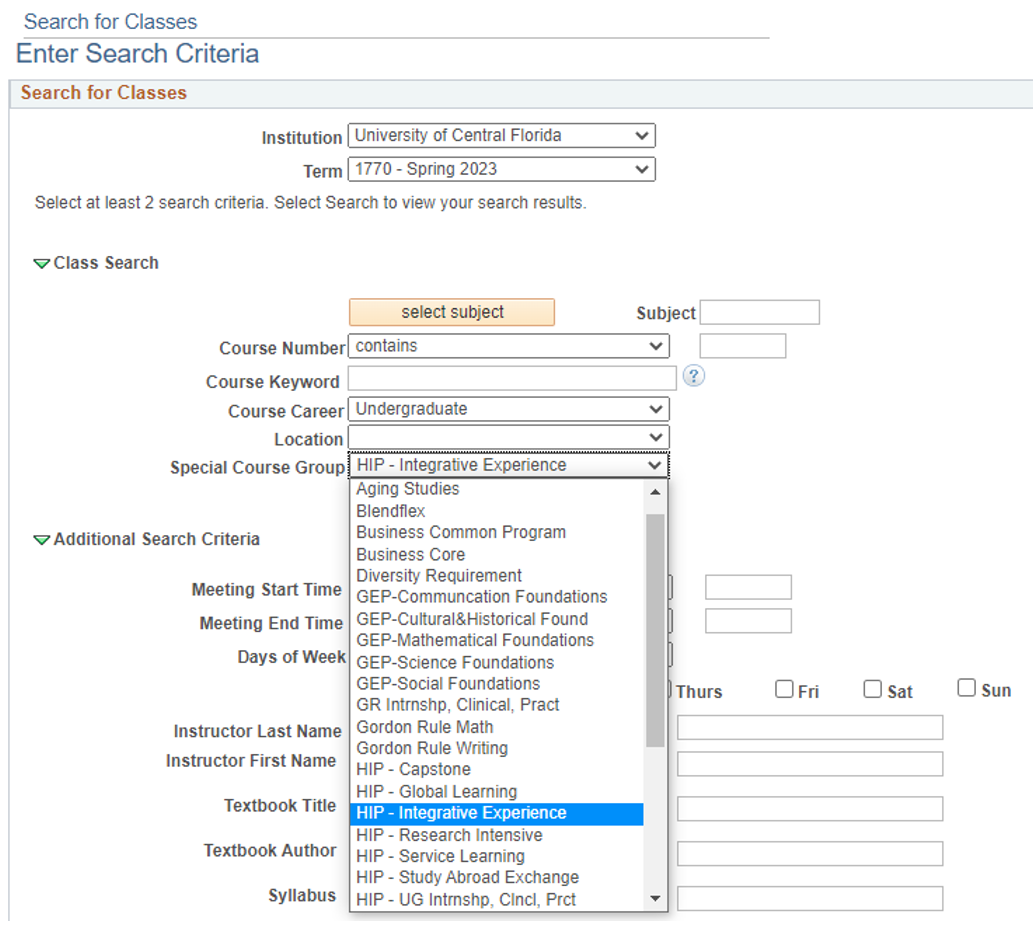 Screenshot of search criteria