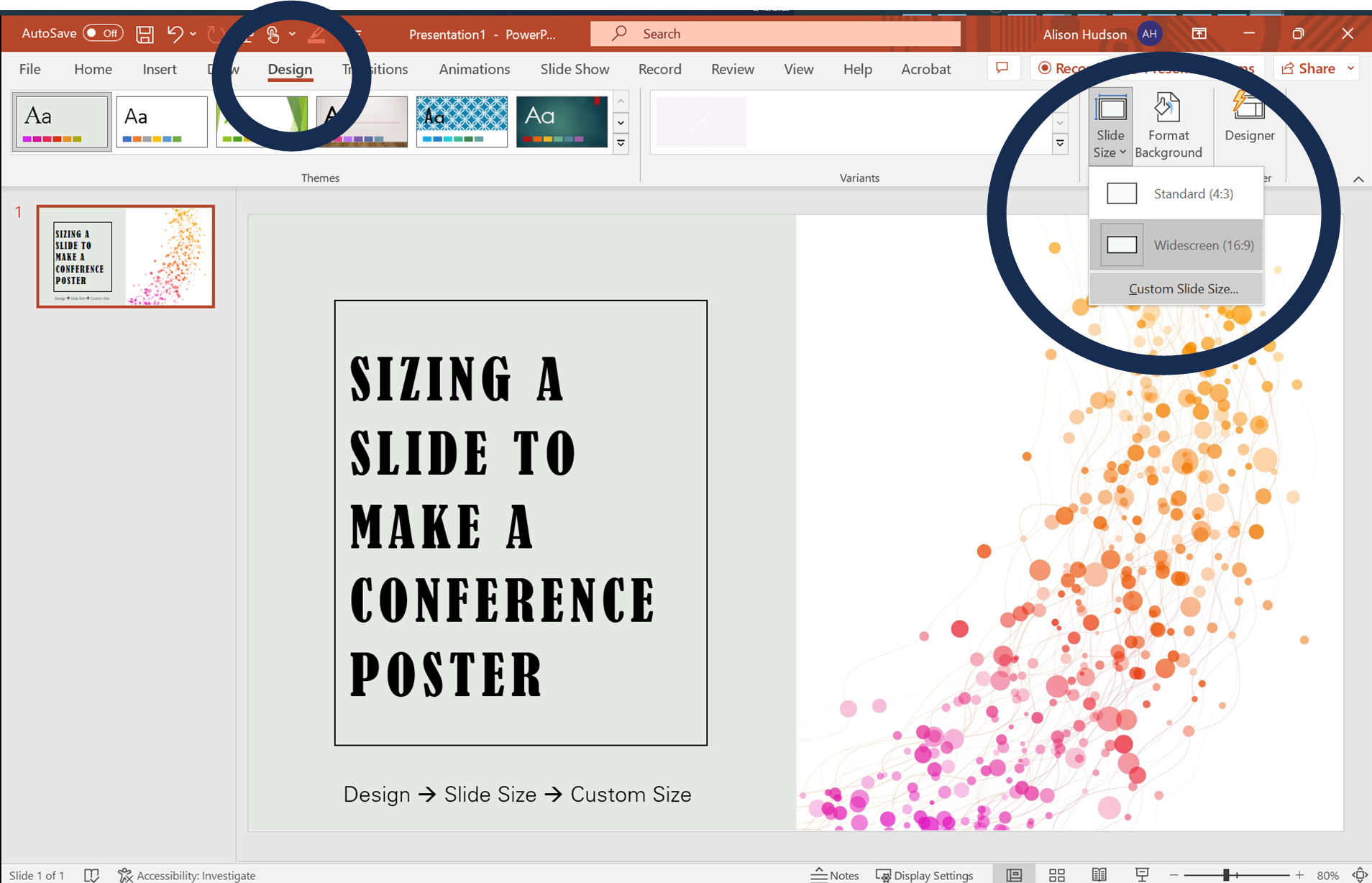 PowerPoint open with design tab selected and size selected with widescreen selected