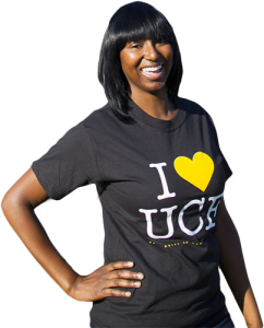 Female student wearing a I love UCF T-shirt.