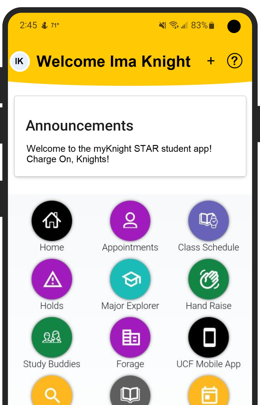 Preview of the myKnight STAR app home page
